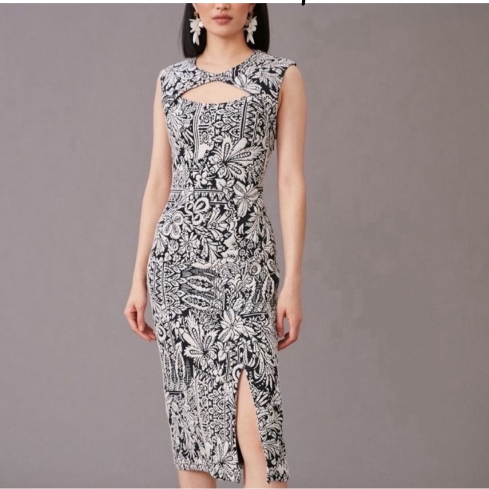 Anthropologie Black & White Jacquard Cut-Out Midi Dress Keyhole Fitted M cute